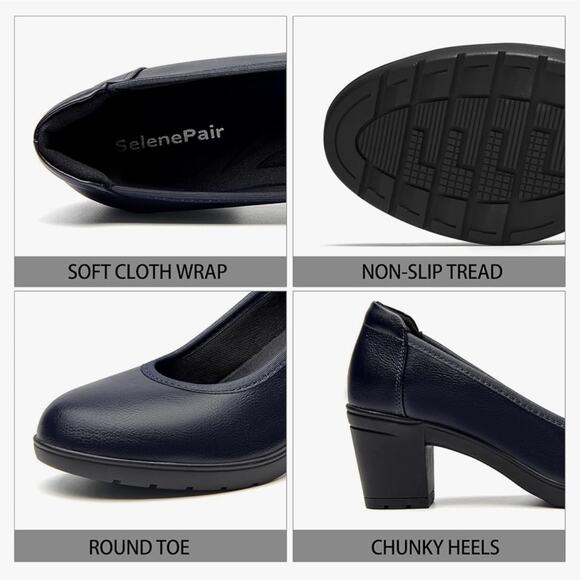 SelenePair Women's Chunky Low Block Heels Work Pumps Ladies Closed Round - Picture 3 of 5